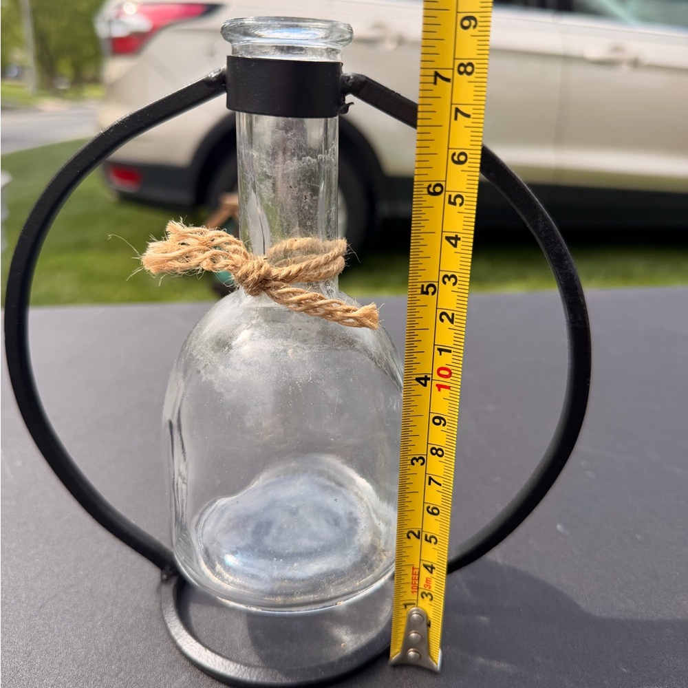 Glass Bottle Vase with Rope Accent and Black Metal Frame